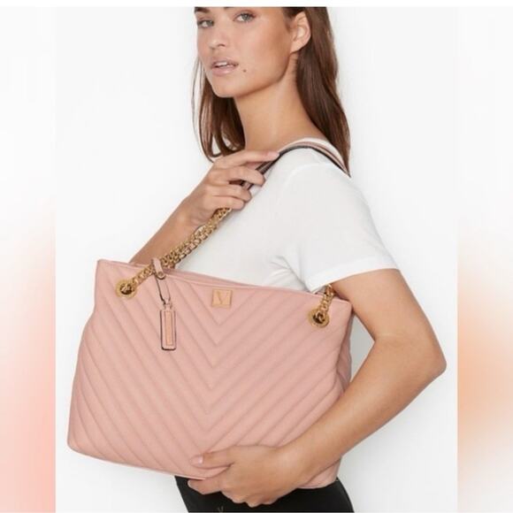 Pink Victoria's Secret Quilted V Tote Large Purse Bag 2024 - Picture 1 of 14